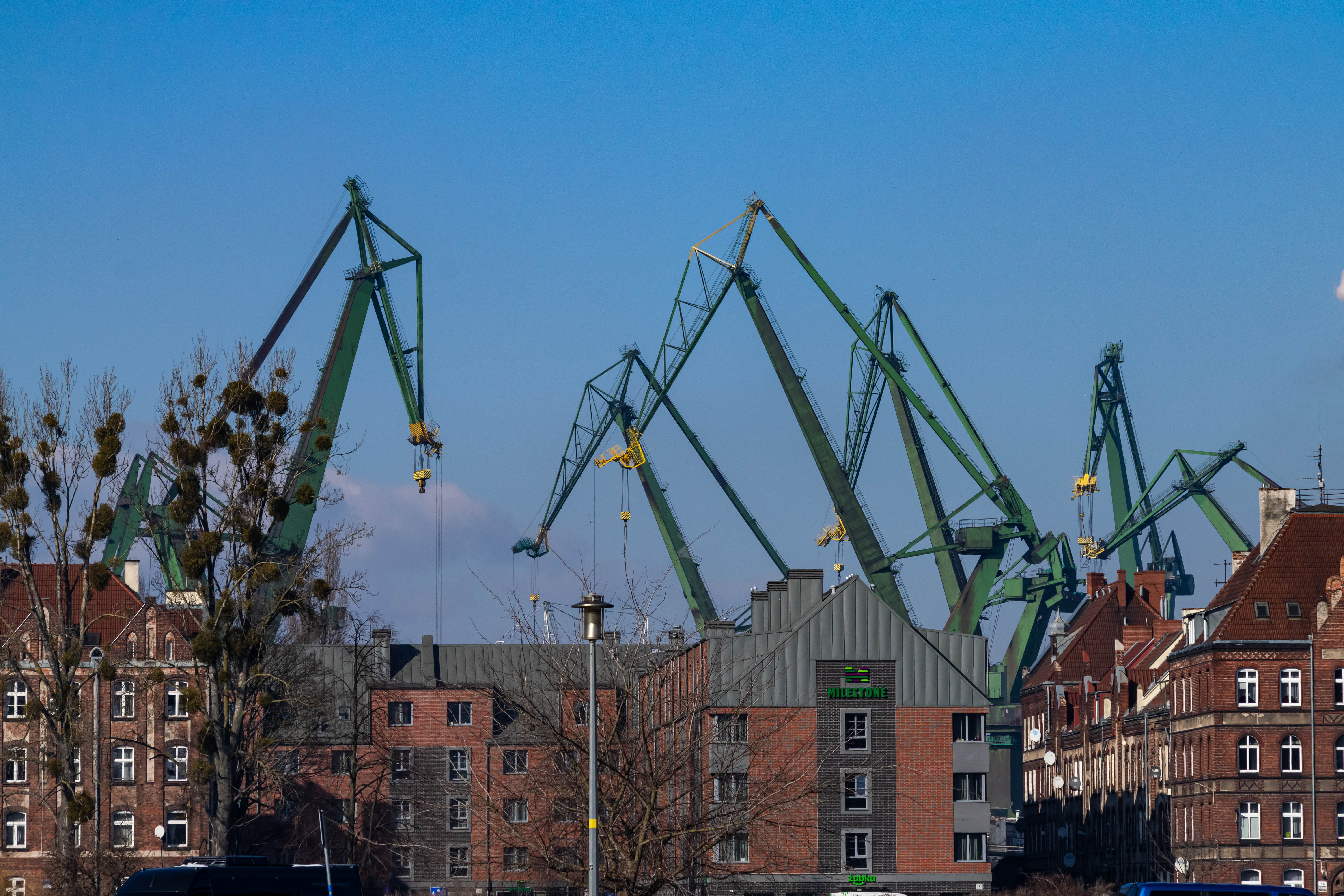 waterfront panorama with port cranes dominating over a row of brick tenement houses