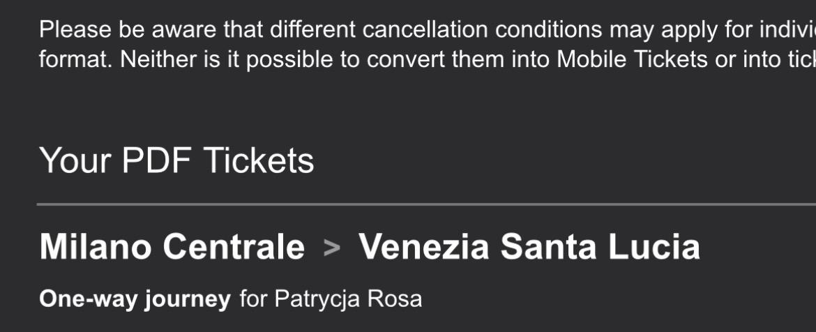 heavily cropped ÖBB email with tickets for a journey from Milano Centrale to Venezia Santa Lucia