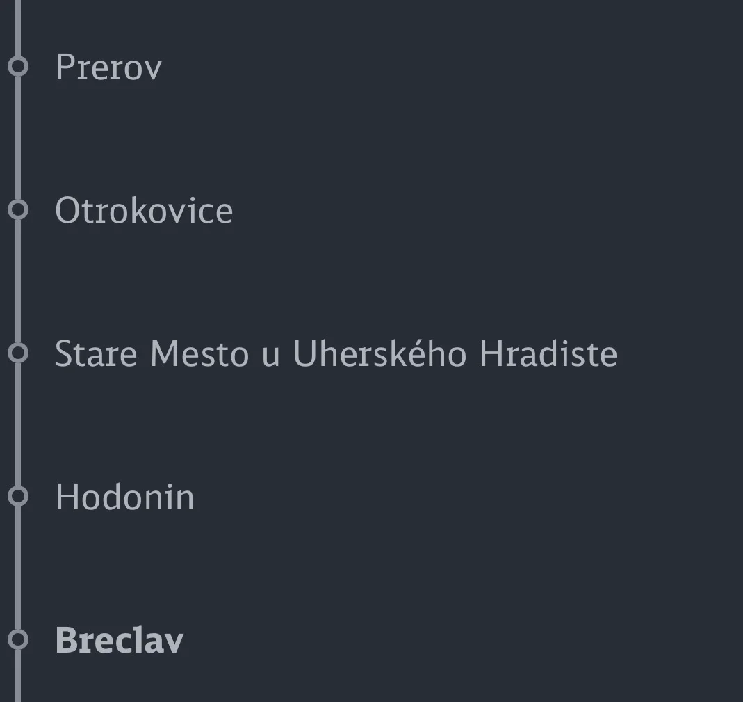 A DB Navigator screenshot of some calling points:

Prerov
Otrokovice
Stare Mesto u Uherského Hradiste
Hodonin
Breclav