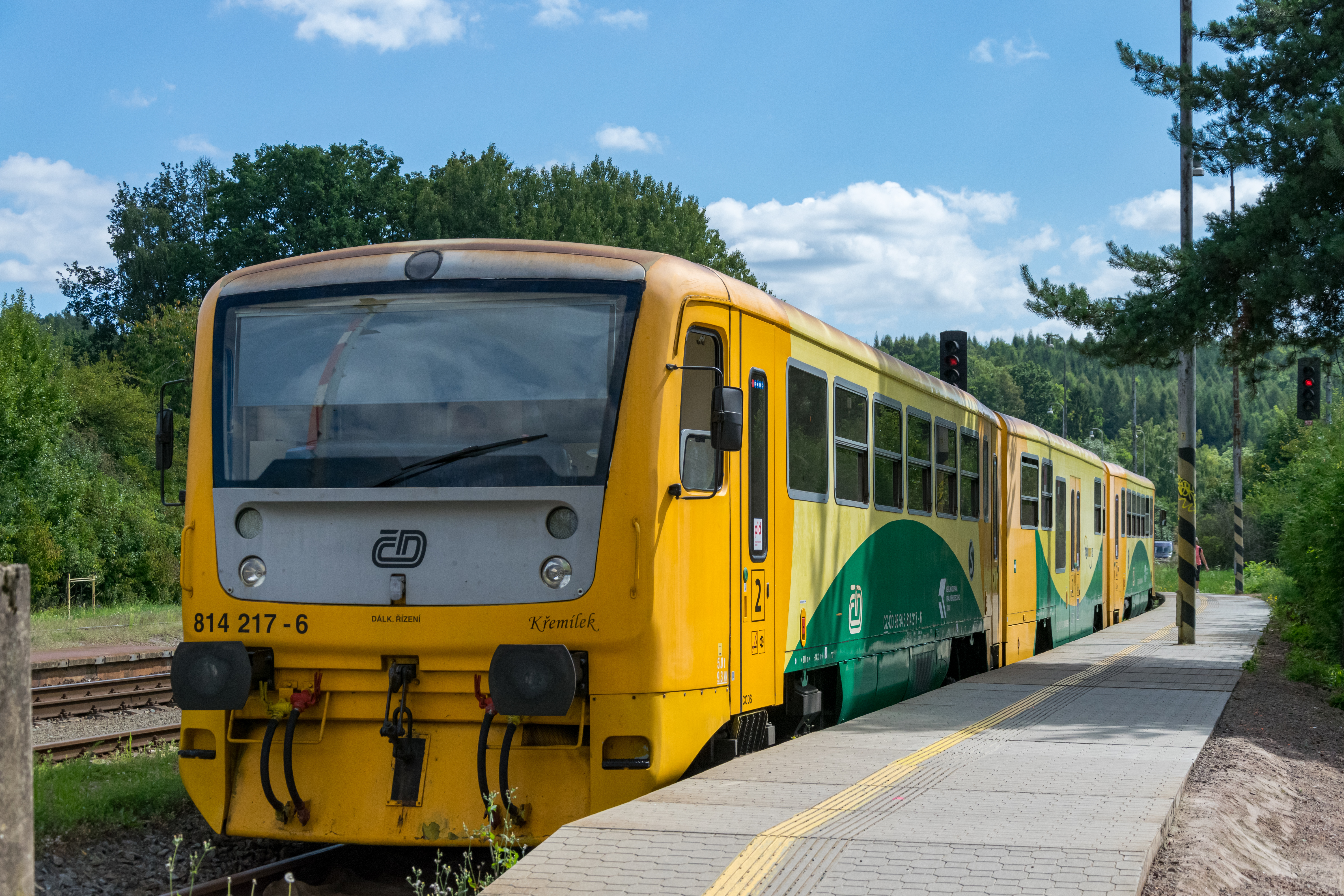 orange-yellow-green train stopped at a platform, various trees are visible in the background