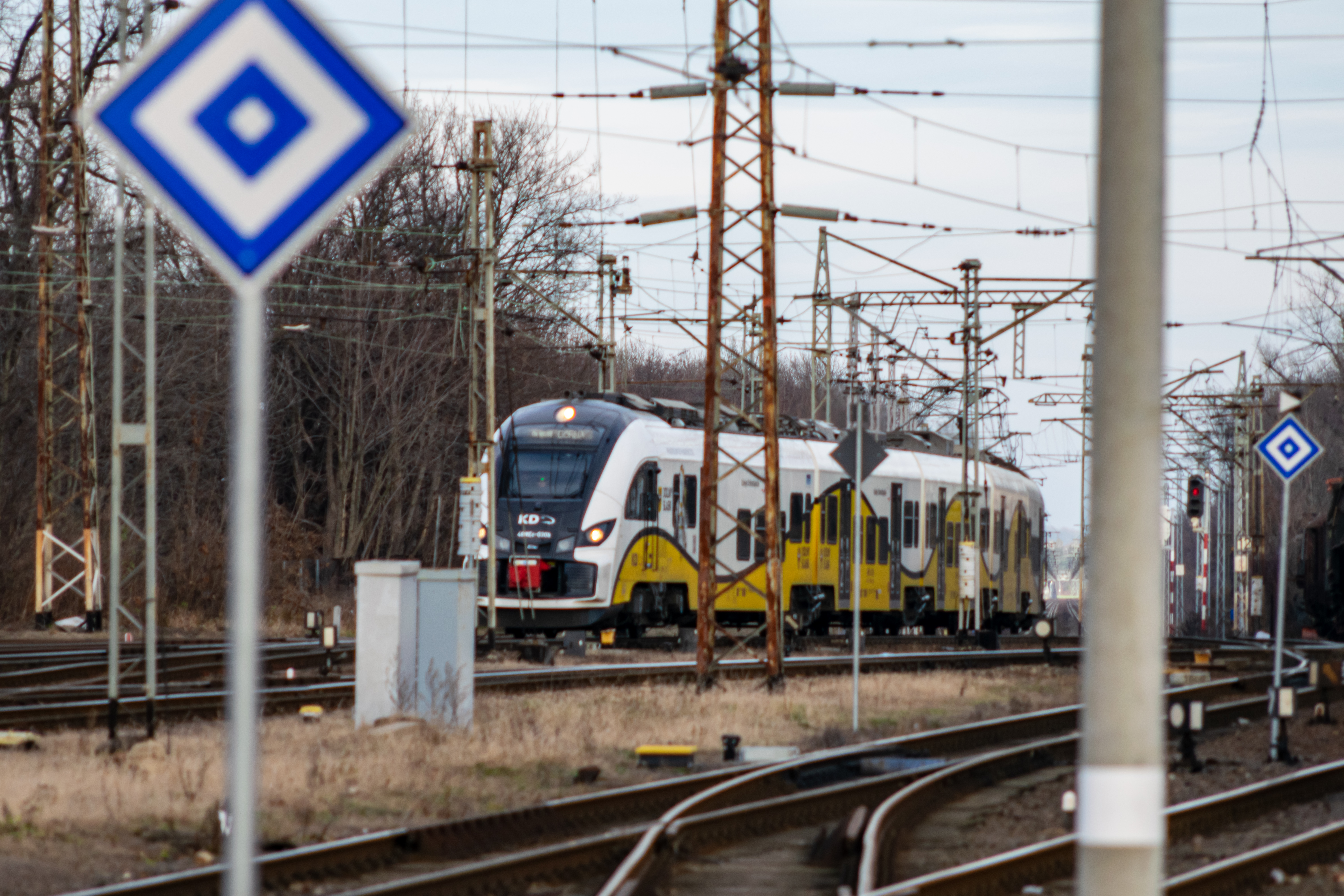 yellow-black-white electric multiple unit enters the station