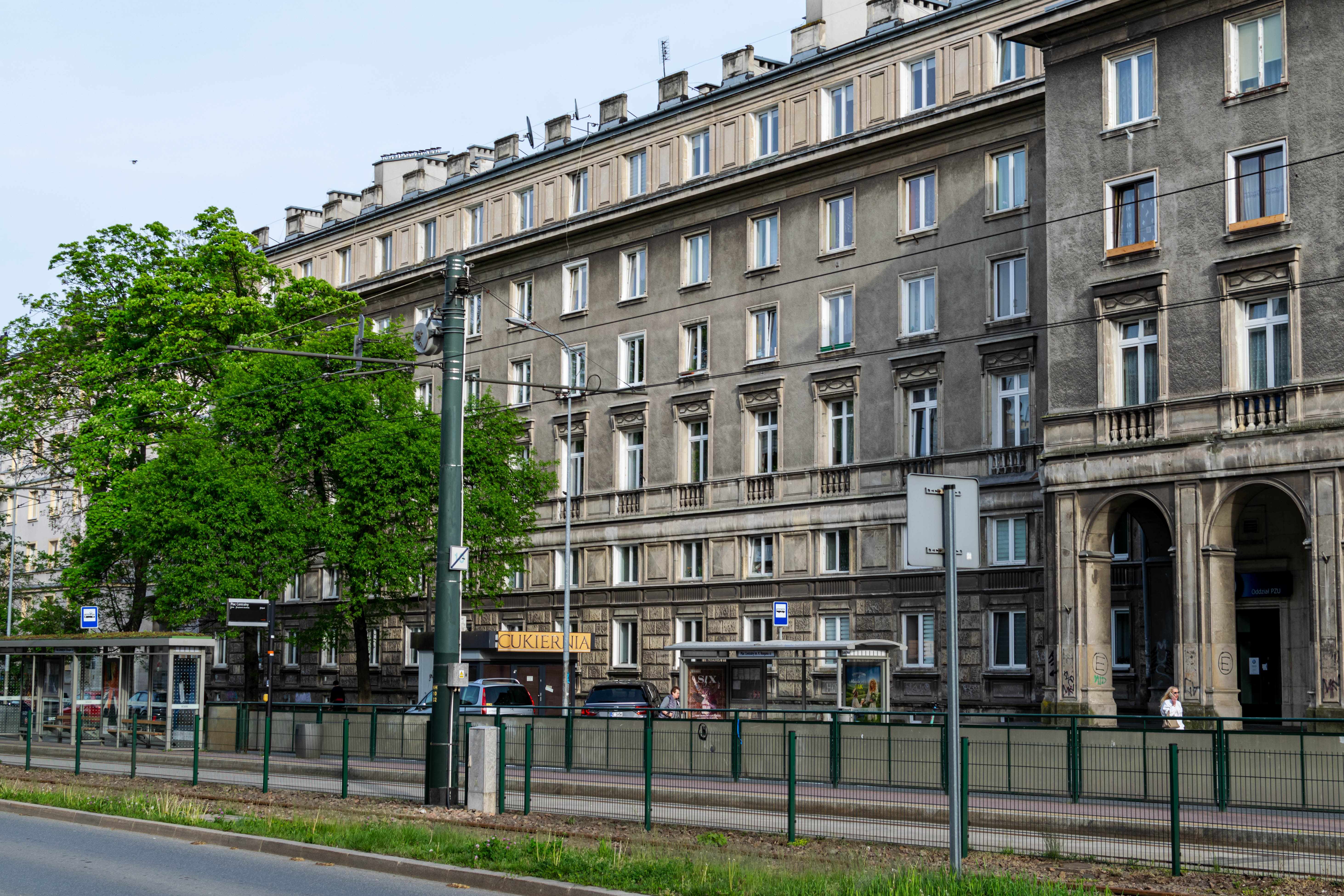 socrealist block near the centre of Nowa Huta, next to a tram stop