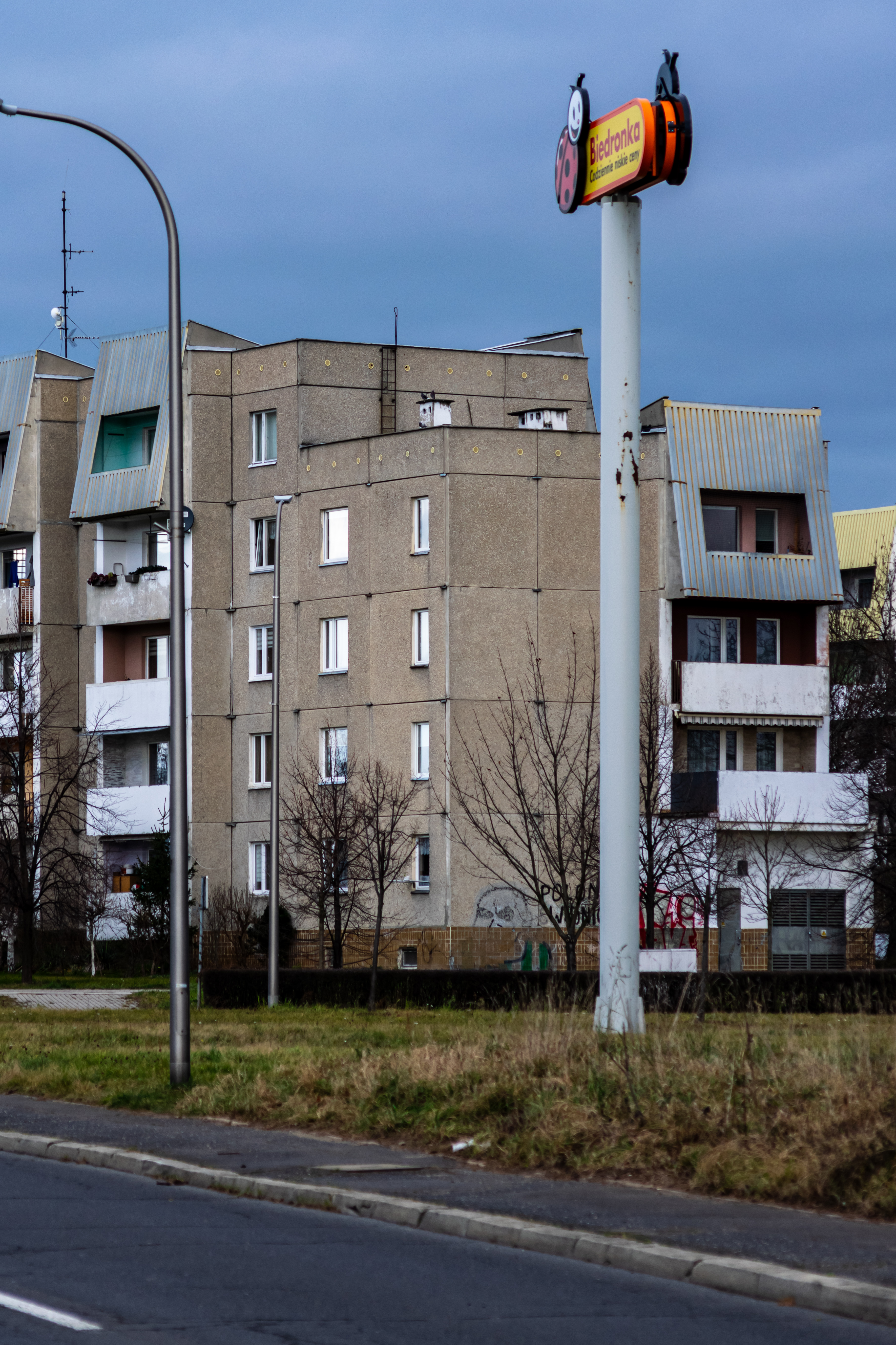 unmodernised concrete commie block hiding behind a biedronka sign pole