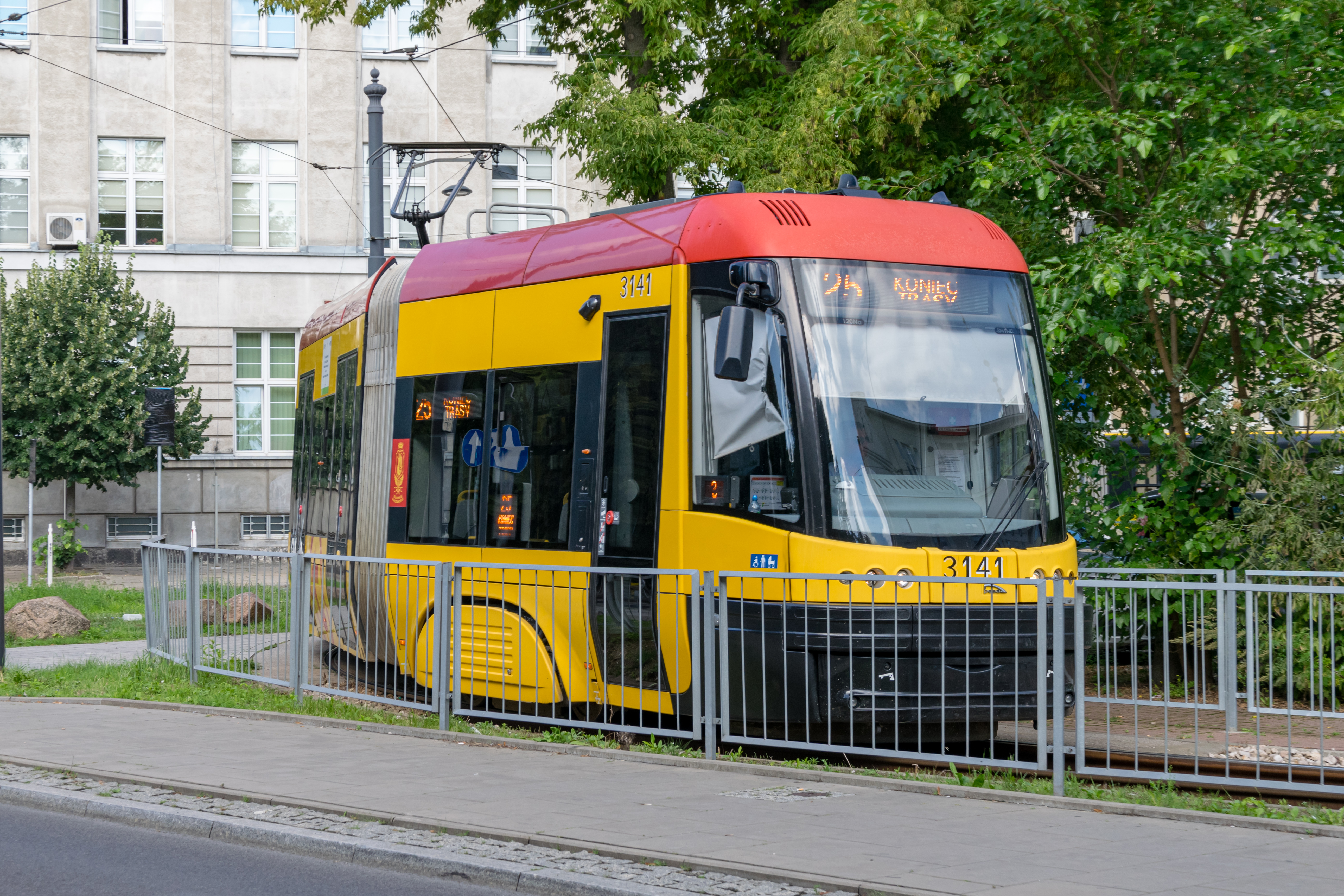 yellow-red tram turning