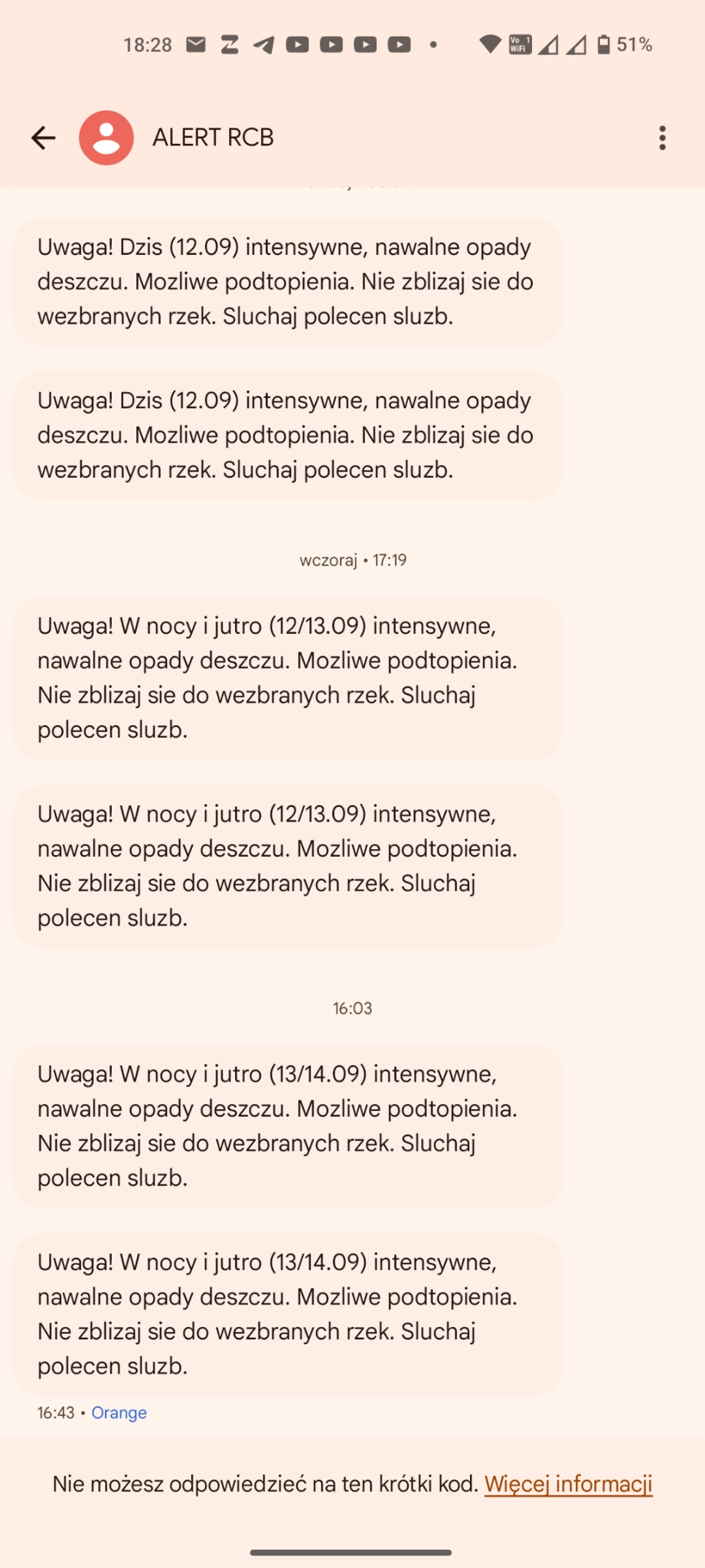 SMS Alerts warning me of huge rains and floods for 3 days straight