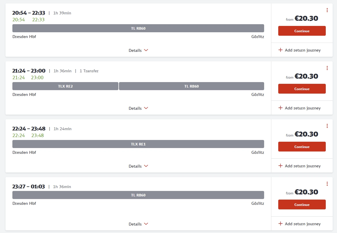 list of DB results of trains between Dresden and Görlitz, it's RE1 and RB60 running hourly with a single ticket for each one costing 20.30 EUR