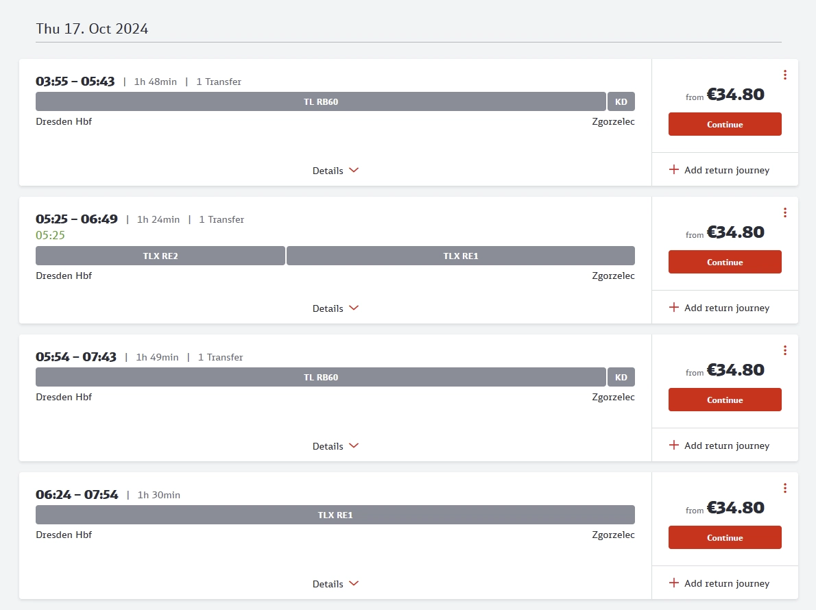 list of DB results of trains between Dresden and Zgorzelec, a station after Görlitz, it's mostly RE1 and RB60 running hourly with a single ticket for each one costing 34.80 EUR