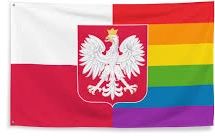 Flaga po lewej stronie biało-czerwona, a po prawej tęczowa.  Na środku widnieje poskie godło.
Replies:

