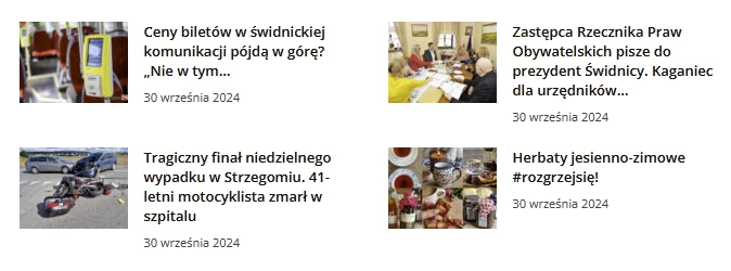 linki do artykułów: pierwszy pyta czy będą podwyżki biletów mpk (zapewne nie), drugi wbija klasyczną szpilę w prezydent miasta, trzeci informuje o tragicznym końcu wypadku drogowego, a czwarty jest reklamą herbat