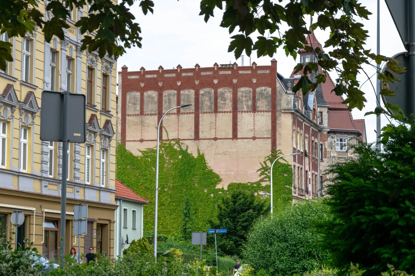 a building with lots of vines on its side, shot from a tree-sheltered area