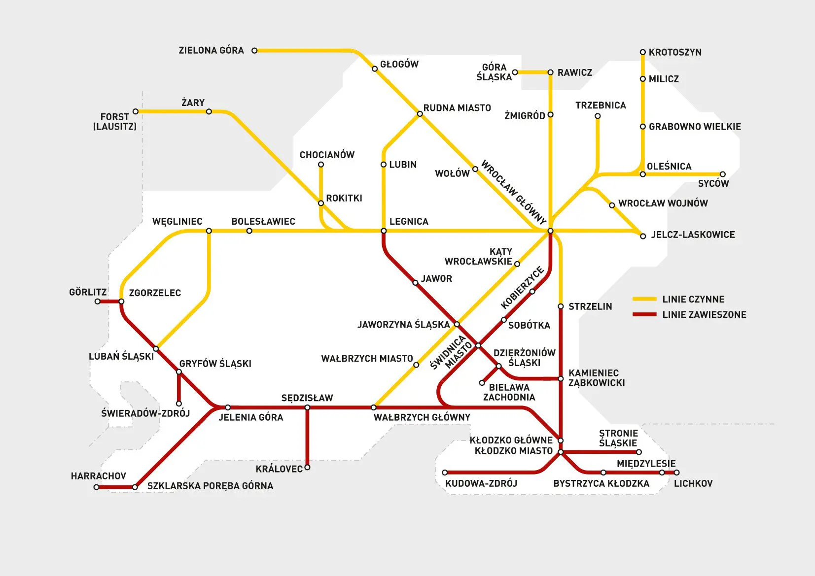 map of railway lines in lower silesia, almost whole lower half is all suspended