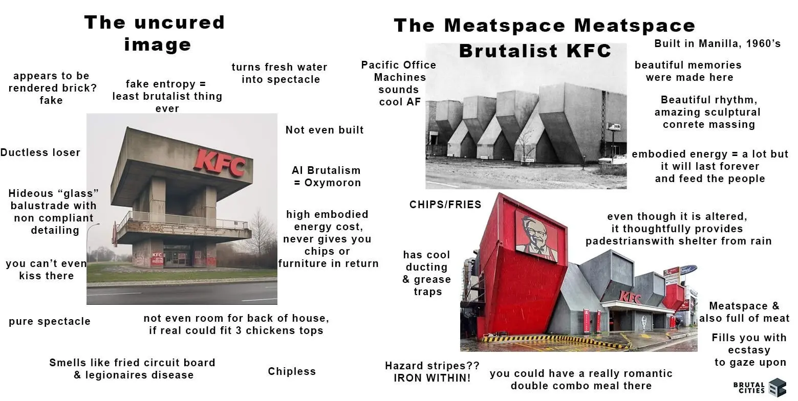 meme made by brutal cities, describing why post from quote is bad:
The uncured image
- appears to be rendered brick? fake
- fake entropy = least brutalist thing ever
- turns fresh water intro spectacle
- not even built
- AI Brutalism = Oxymoron
- high embodied energy cost, never gives you chips or furniture in return
- not even room for back of house, if real could fit 3 chickens tops
- Chipless
- Smells like fried circuit board & legionnaires disease
- pure spectacle
- you can't even kiss there
- hideous "glass" balustrade with non compliant detailing
- ductless loser
compared to "The Meatspace Meatspace Brutalist KFC" which is a real brutalist KFC that is a bunch of half-octagons with every second one being flipped, first of them red with Colonel Sanders on it
- Built in Manila, 1960's
- beautiful memories were made here
- Beautiful rhythm, amazing sculptural concrete massing
- embioded energy = a lot but it will last forever and feed the people
- even though it is altered, it thoughtfully provides pedestrians with shelter from rain
- Meatspace & also full of meat
- fills you with ecstasy to gaze upon
- you could have a really romantic double combo meal there
- Hazard stripes?? Iron within!
- has cool ducting & grease traps
- chips/fries
- pacific office machines sounds cool as fuck