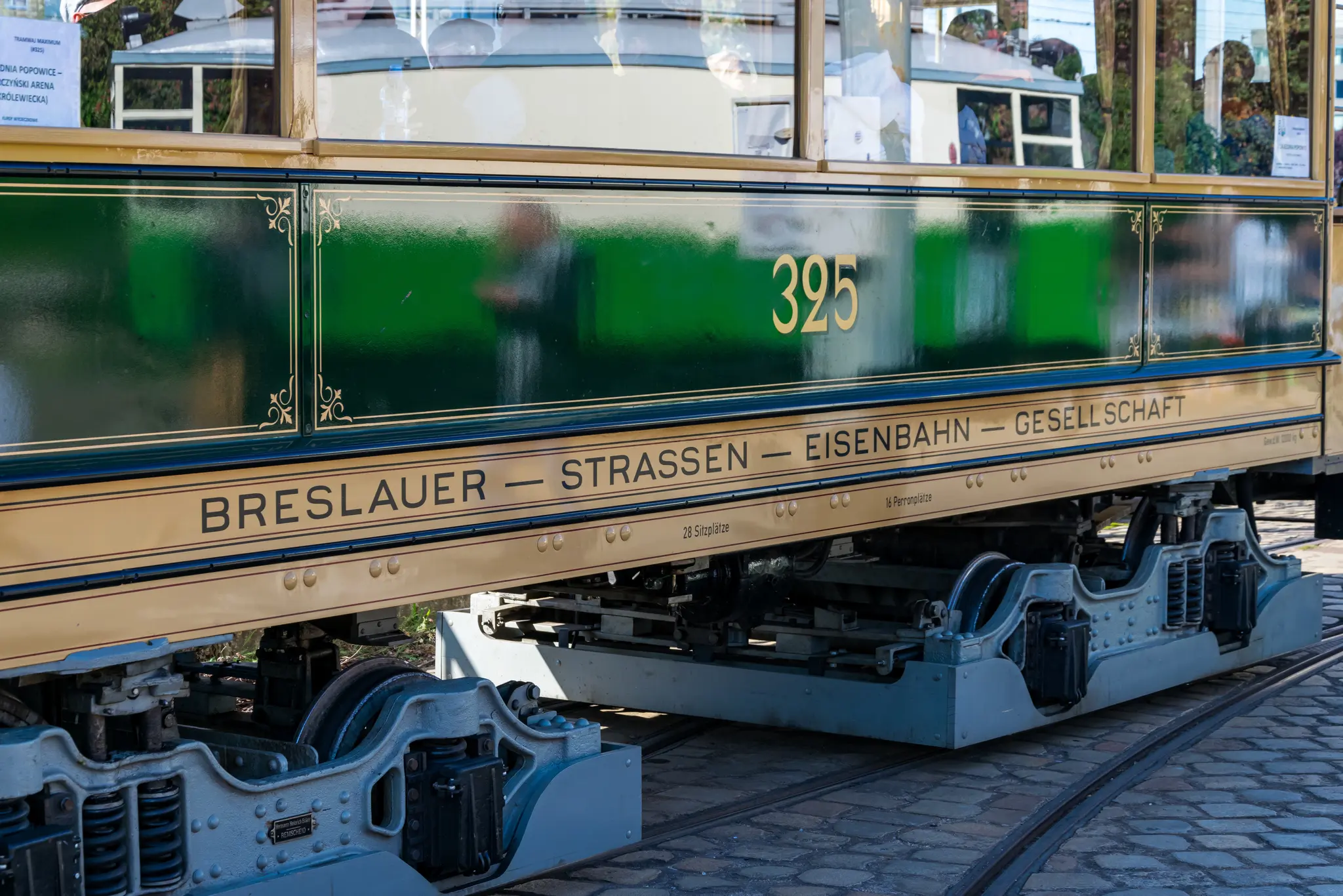 Bottom of Max Berg, showing name of the company that was running it - Breslauer Strassen Eisenbahn Gesellschaft, above bogies