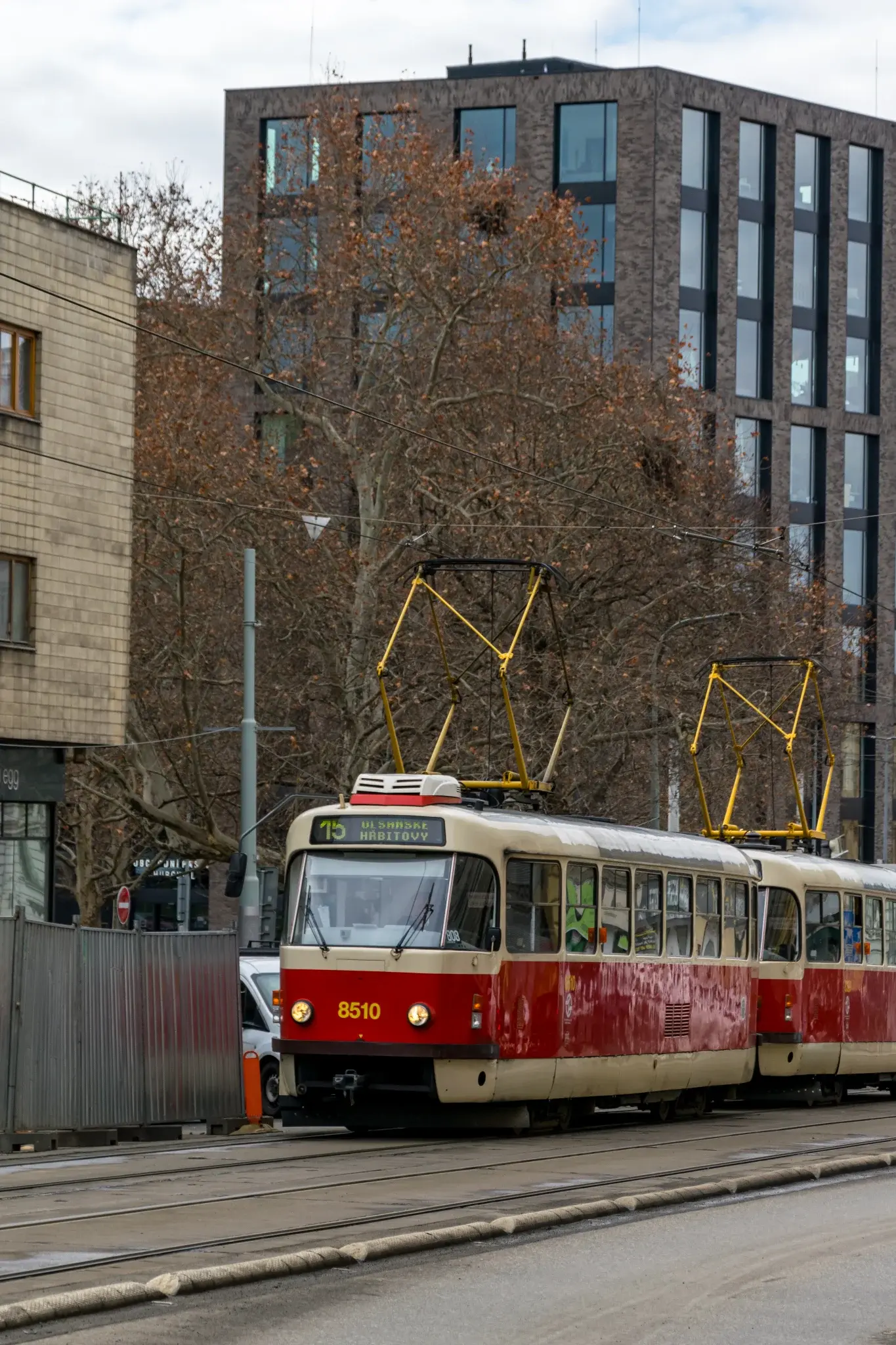 old white-red tram riding in double