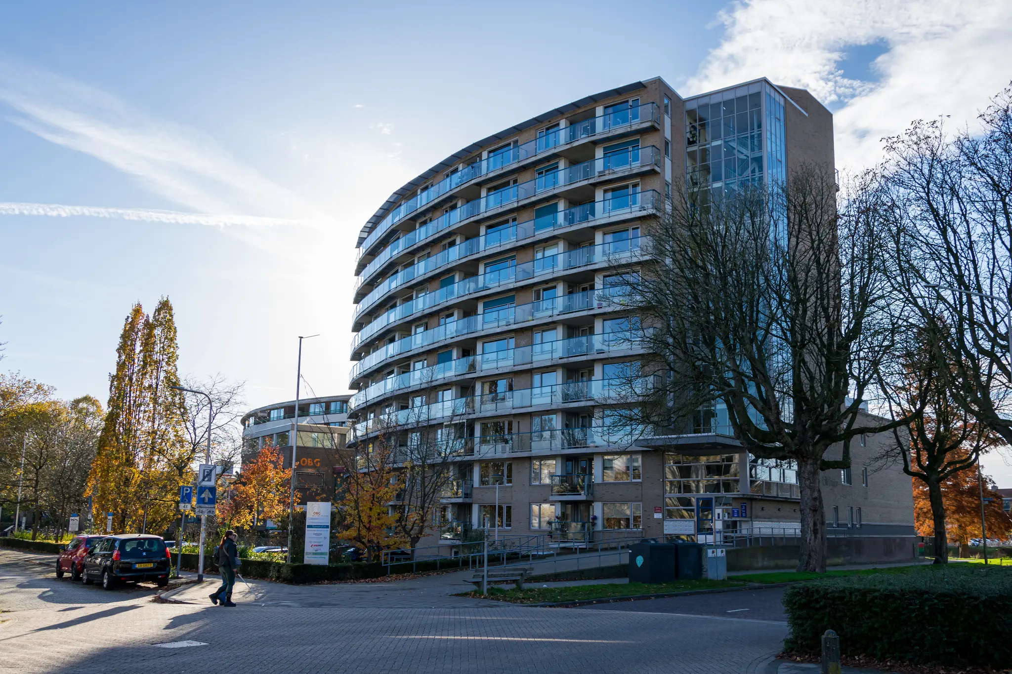 Large glass residential building, lots of glass
