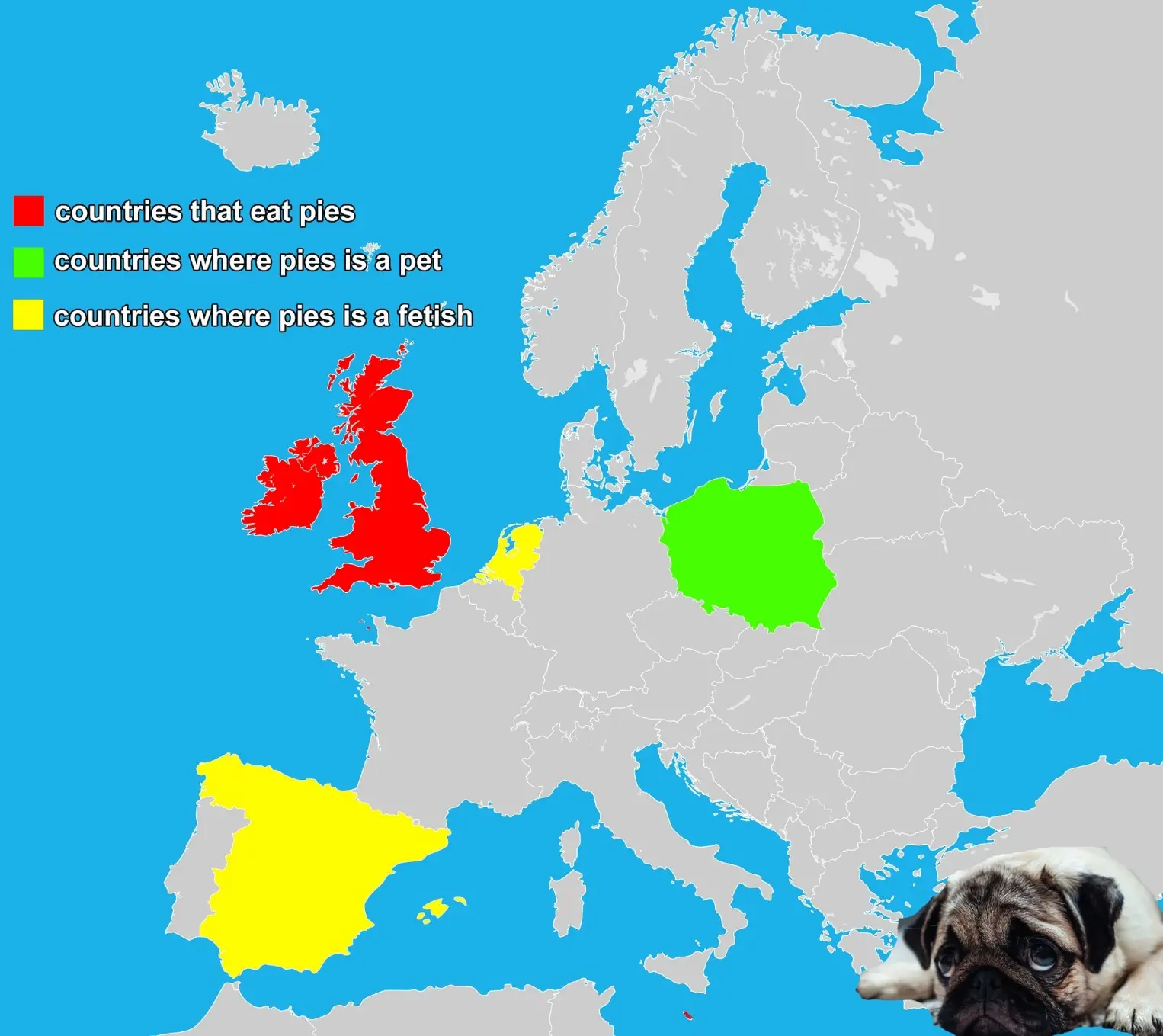 map of Europe with countries that have "pies" as a word, there's a dog at bottom right corner. Countries that eat pies are United Kingdom and Ireland, marked as red. Countries where pies is a fetish are Spain and Netherlands, marked as yellow. Countries where pies is a pet are Poland, marked as green.