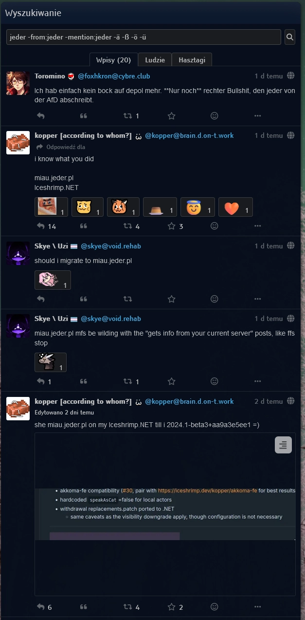 iceshrimp.net search results but in akkoma-fe and it's me trying to find subposts but it's all string substitution thing now and it's useless