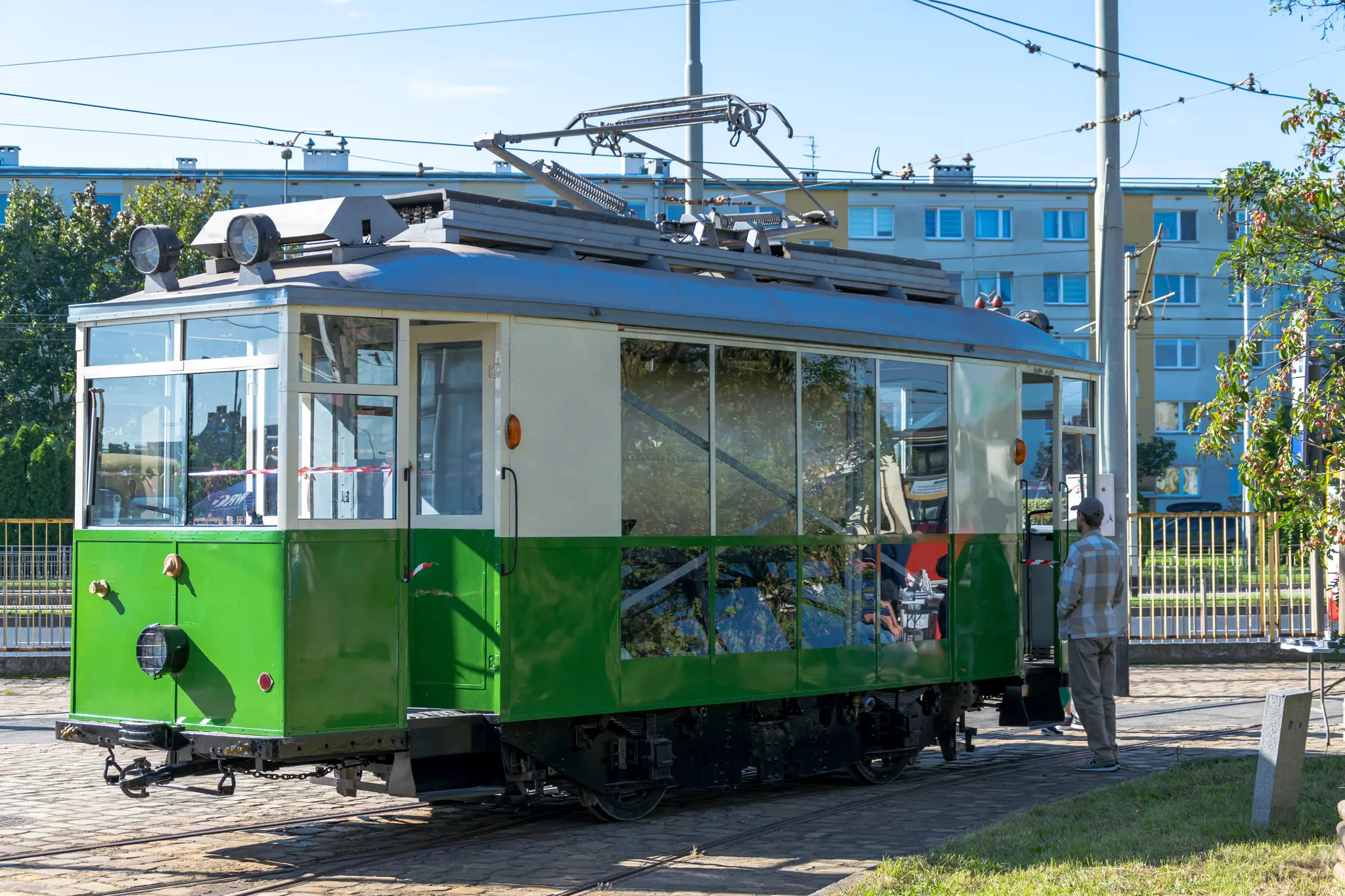 some white-green technical tram standing