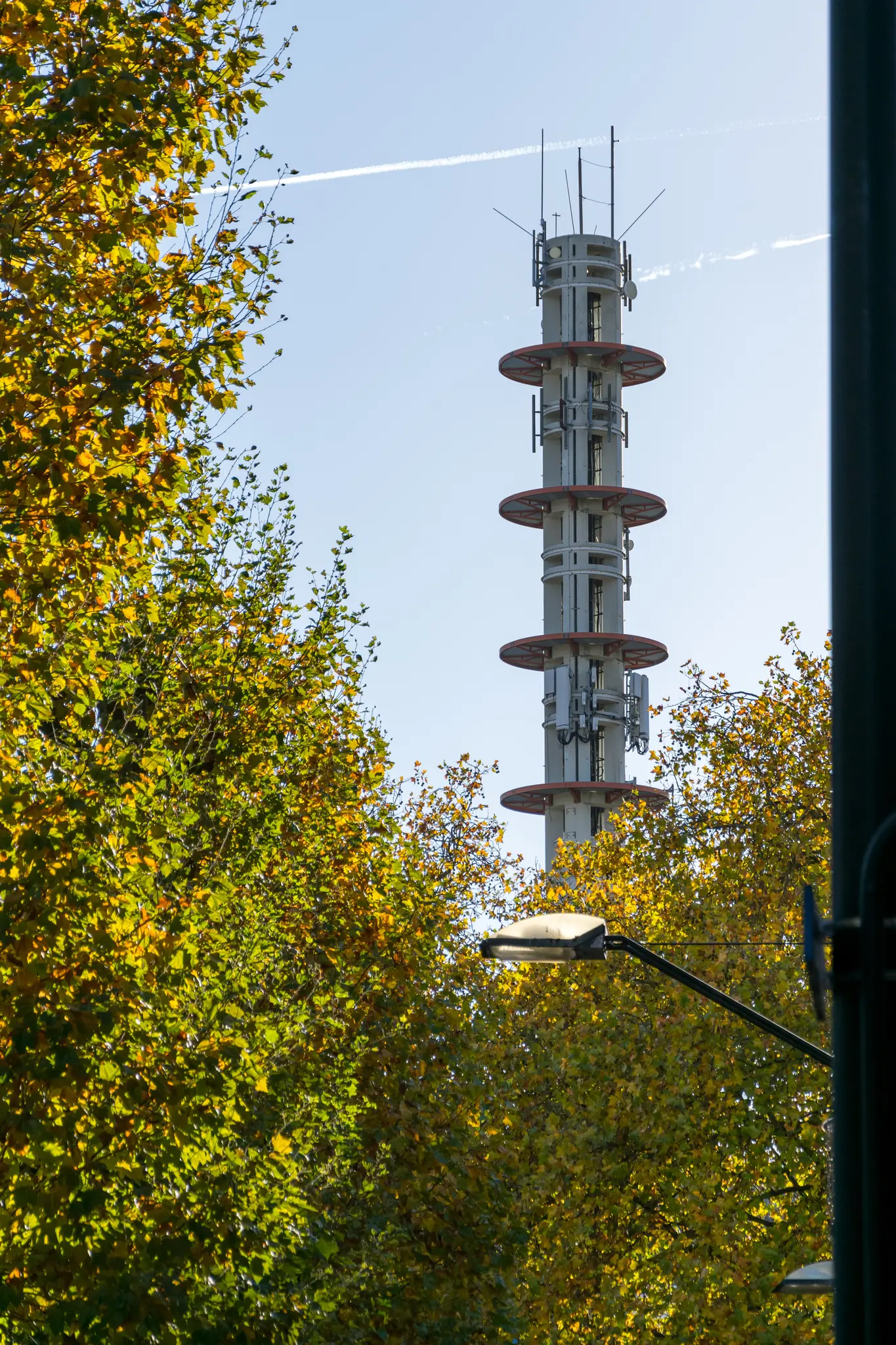 5g vaccine tower waiting to spread vaccines and microchips to everyone in the city, behind trees