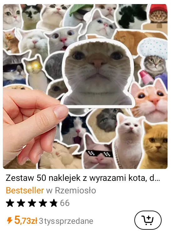 temu listing with 50 cat meme stickers