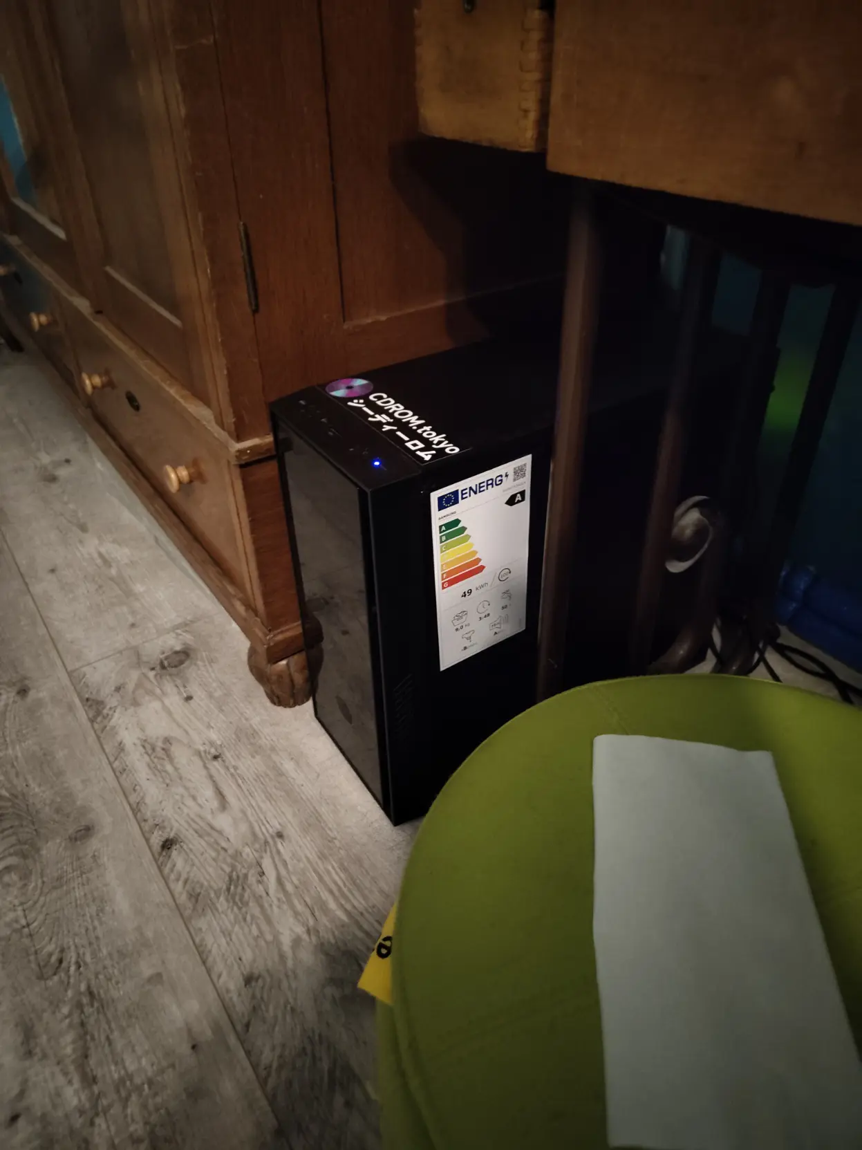 washing machine energy card on a tower pc case