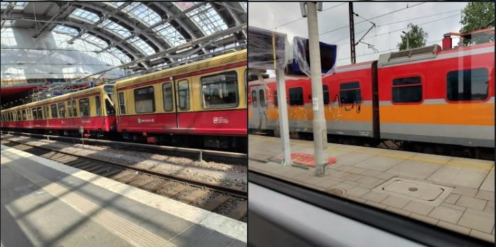 Two photo thumbnails, on left: Class 480 S-Bahn Berlin train at Berlin Ostbf, on right: vandalised EN57AL Polregio train at Rzepin