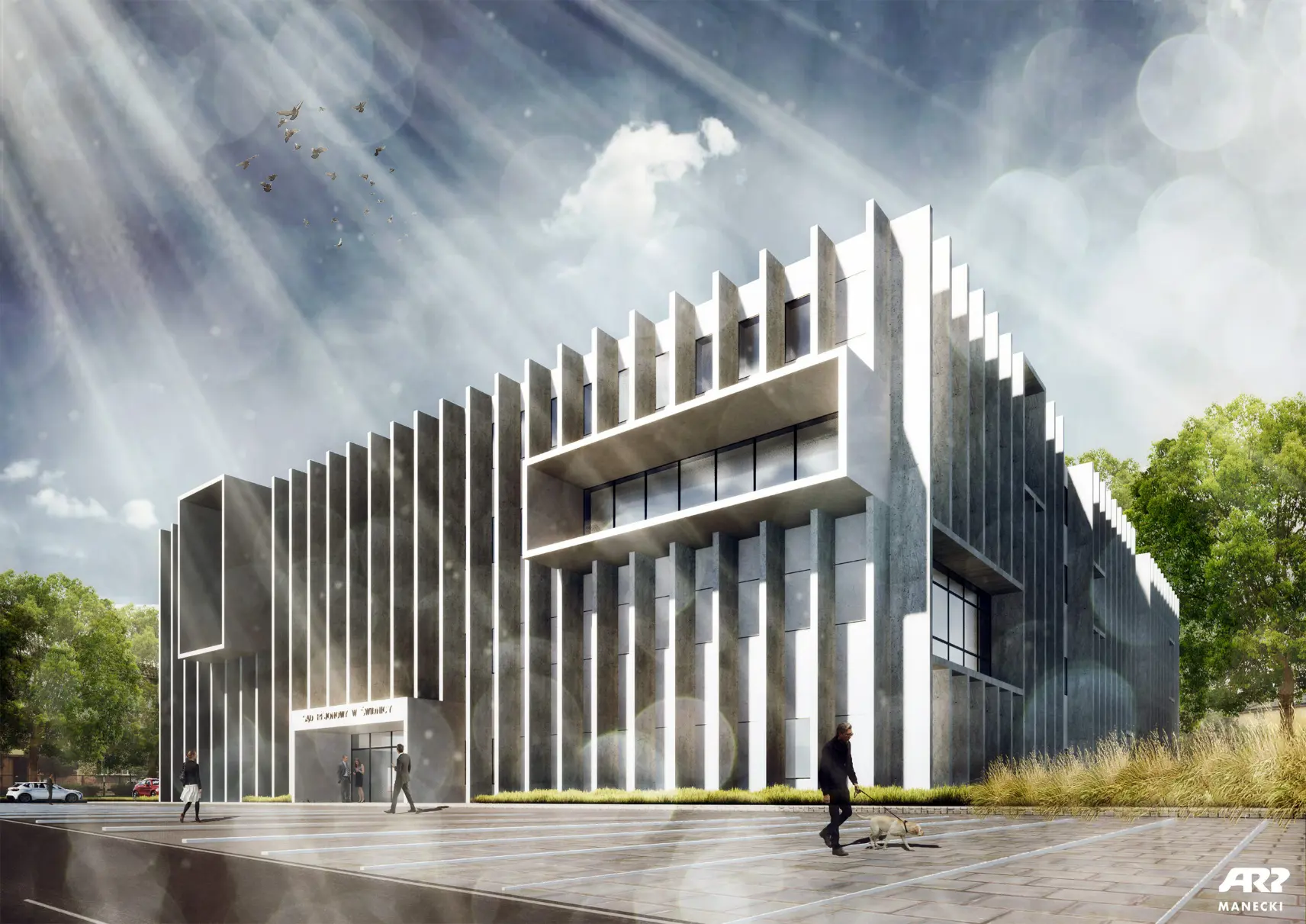 Wizualizacja nowego gmachu Sądu Rejonowego w Świdnicy, czterokondygnacyjny betonowy prostopadłościan z wieloma kolumnami? oddzielającymi okna, oraz losowo wklejonymi przeszklonymi prostokątami