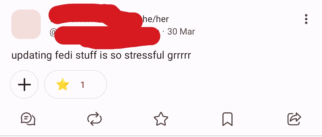 post by an unnamed instance admin: updating fedi stuff is so stressful grr
it's also last post from them