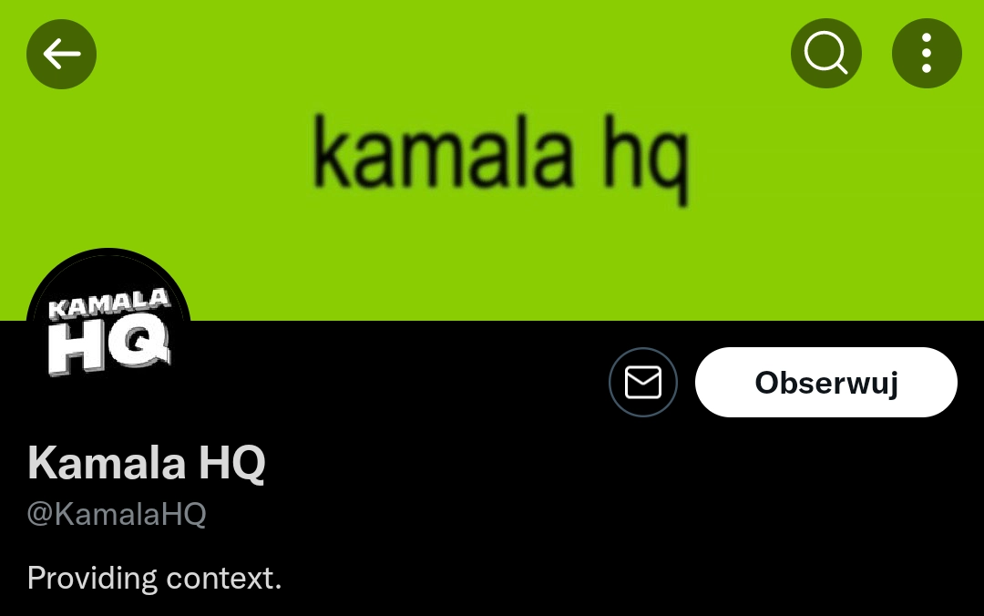 KamalaHQ twitter account, banner image is "kamala hq" written on a green background