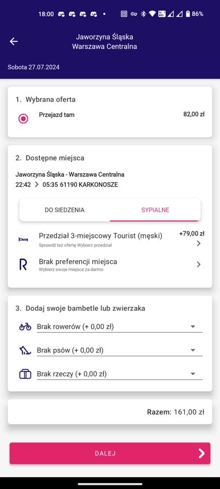 Screenshot pokazujący możliwość kupna biletu w 3-miejscowym przedziale sypialnym w dzisiejszym pociągu TLK Karkonosze z Jaworzyny Śląskiej do Warszawy Centralnej za 161zł