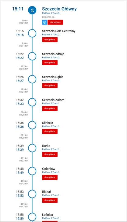 portal pasażera screenshot showing a train route with all stations having a red "disruptions" box attached