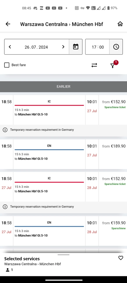 tickets for 26.07 Warszawa - Munich IC Chopin on ÖBB, they cost 152.90€