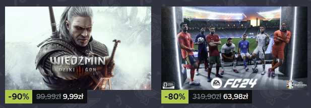 steam sale, witcher 3 with 90% discount and EA FC 24 with 80% discount